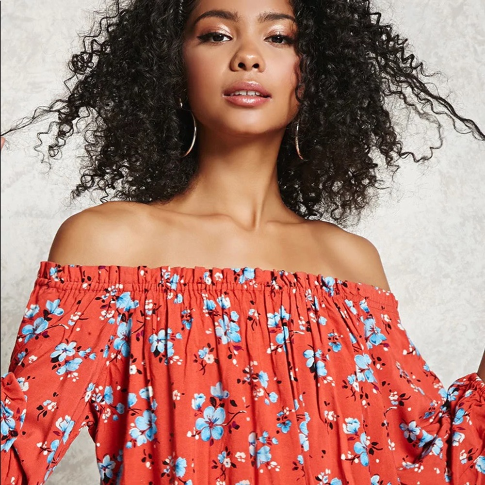 Red floral off the shoulder shirt